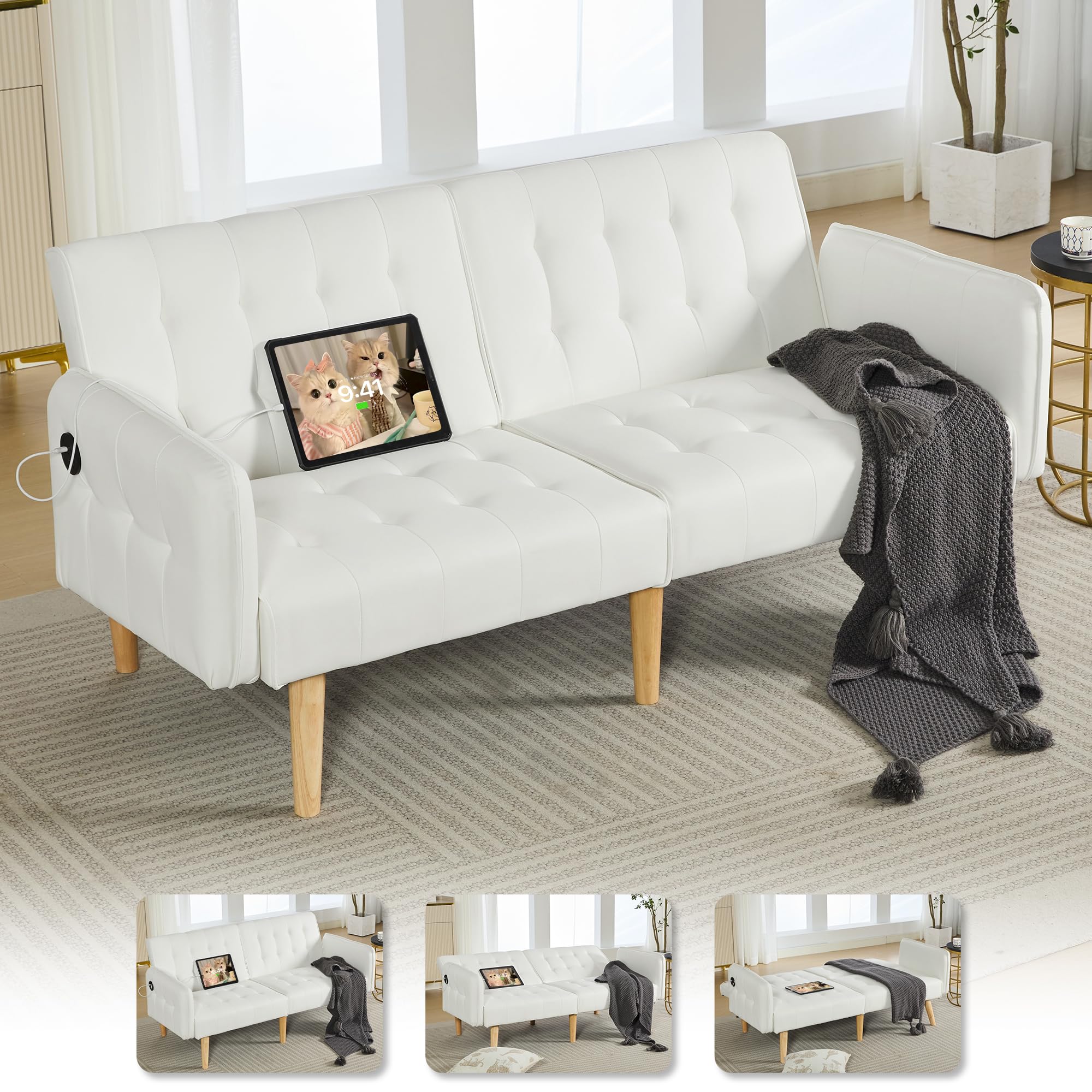 TYBOATLE Modern White Faux Leather Upholstered Convertible USB Folding Futon Sofa Bed, 65" Couch, Love Seats Furniture for Small Space Configuration, Apartment, Dorm, Living Room, Office
