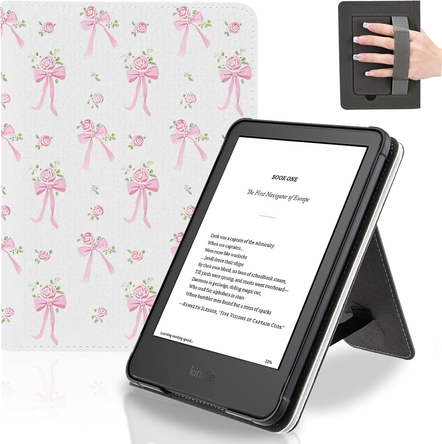 Idocolors Case for 7" Kindle Paperwhite (12th Gen-2024), Slim Foldable Stand PU Leather Case with Auto-Wake/Sleep & Hand Strap for Kindle Paperwhite 2024,Pink Bows Flwer