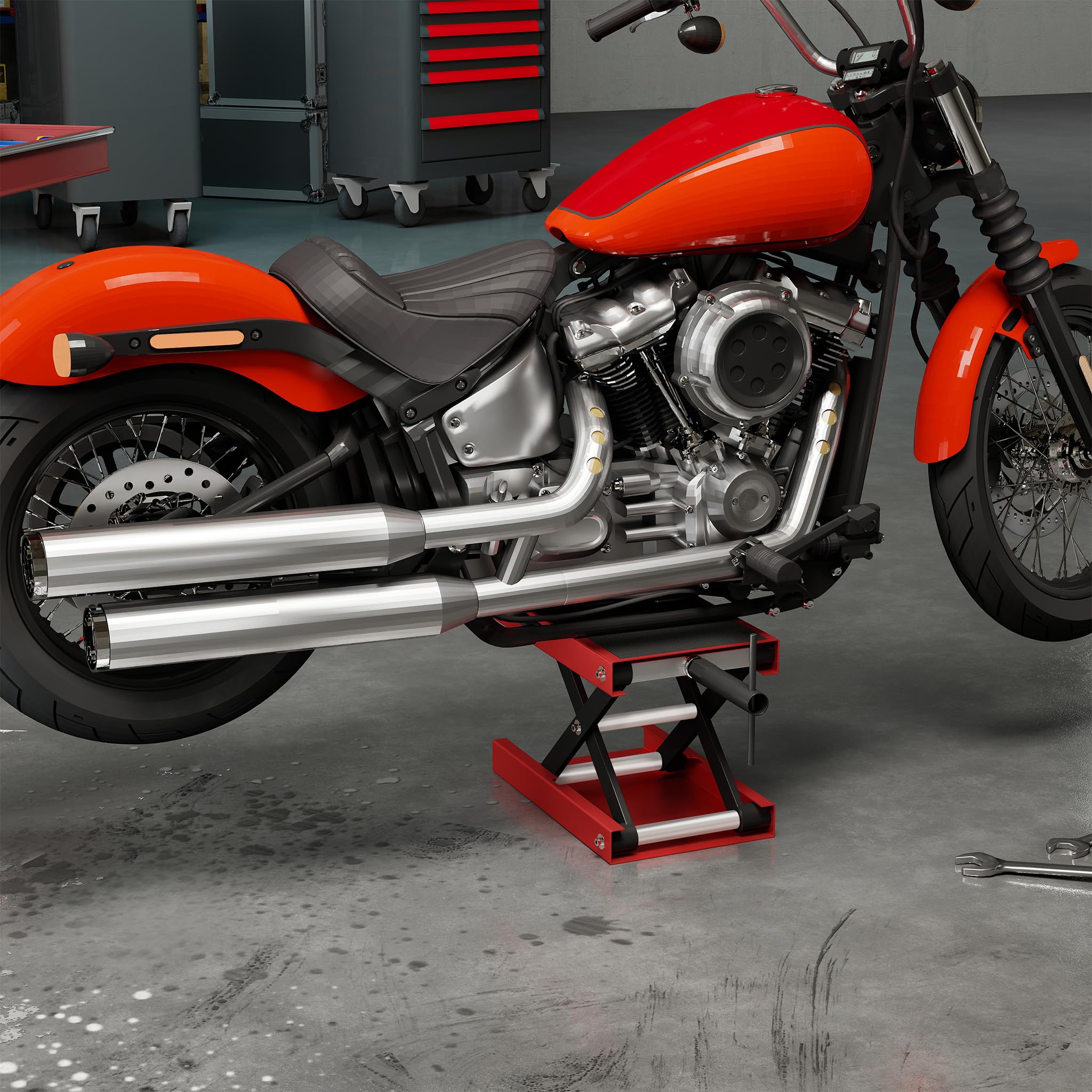 XMTECH Podnośnik do motocykli, 500 kg, podnośnik nożycowy z regulacją wysokości 95-340 mm, z szerokim pokładem i korbą, stojak środkowy do naprawy i konserwacji motocykli, wytrzymały i wytrzymały