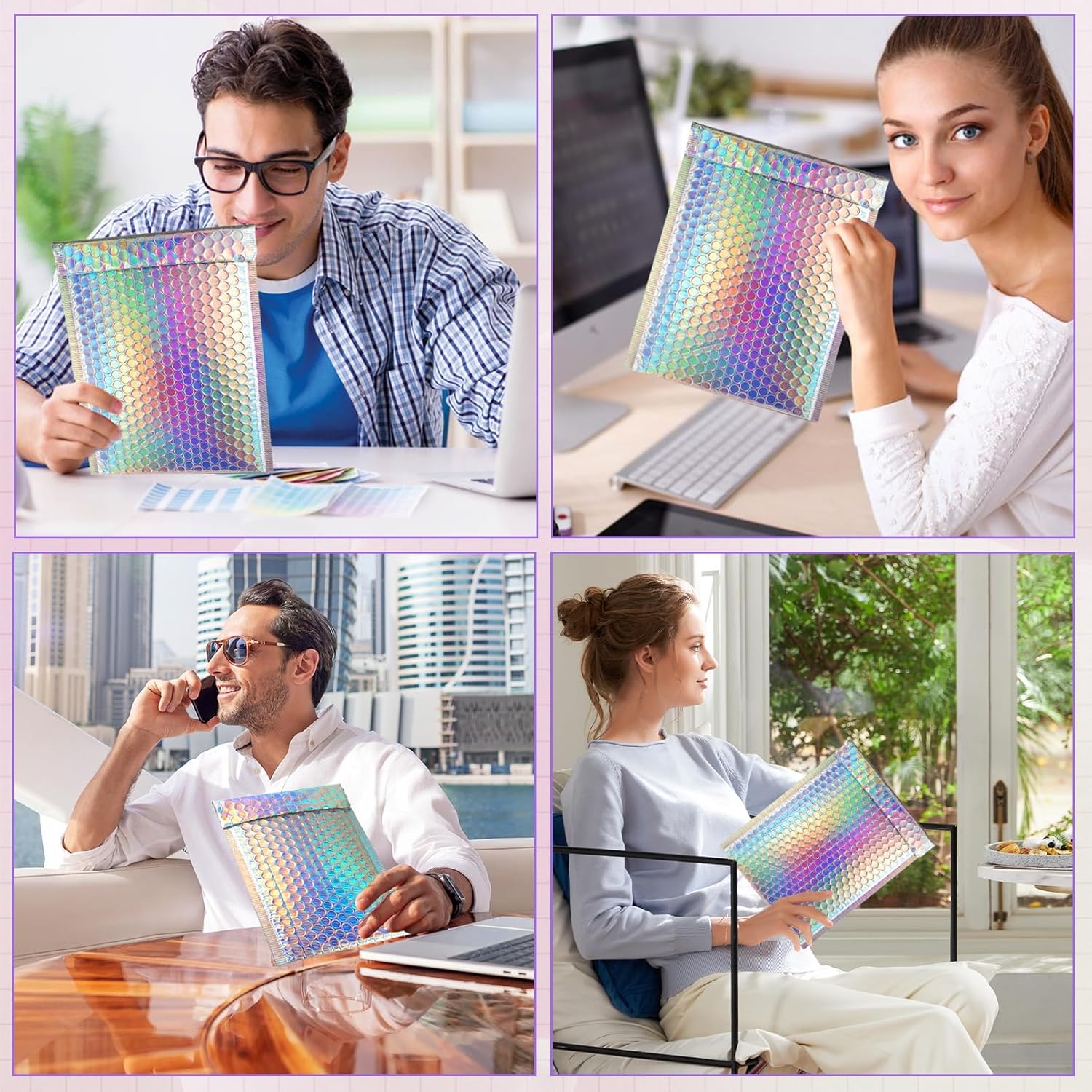 50 Pcs Holographic Bubble Mailers,Metallic Bubble Mailers With Thank You Cards and Stickers,Poly Padded Envelopes,Waterproof Self Sealing Shipping Bags for Mailing,Small Business