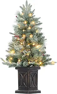 GAOMON 3ft Christmas Tree Pre-Lit Artificial Christmas Tree with Vintage Potted Base, Flocked Snow 78 Warm White LED Lights Red Berries, Festival Decoration Xmas Holiday Decor for Home, Entrances