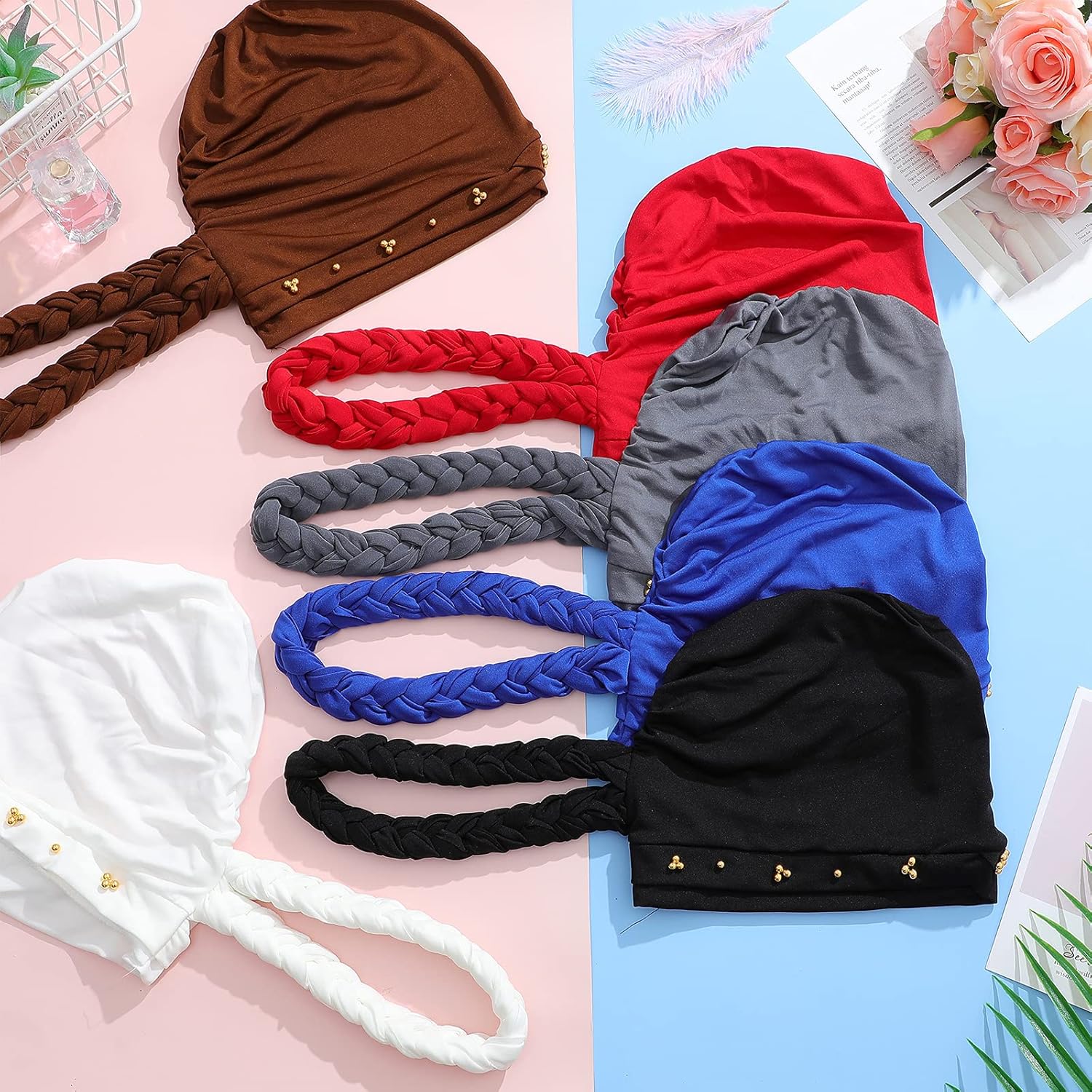 6 Pieces Women African Turban Head Wraps Caps Twisted Braid Beaded Elastic Wrap Cap