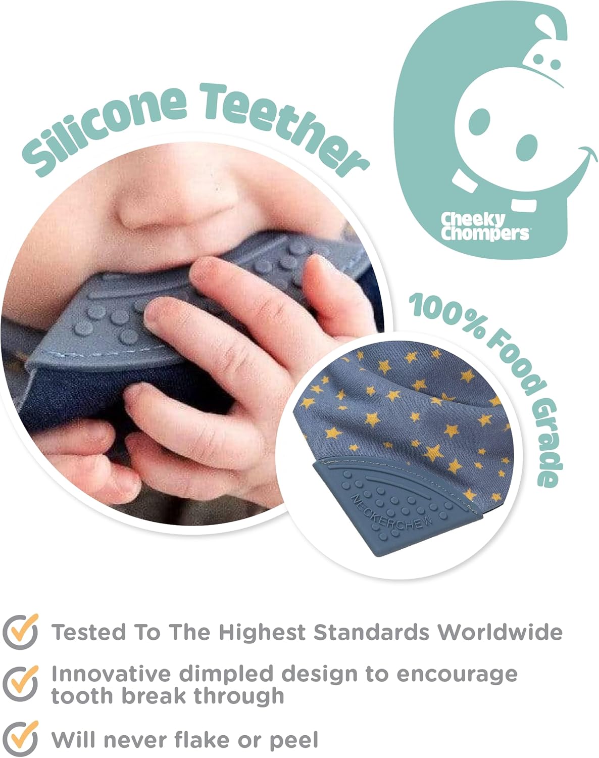 Cheeky Chompers Neckerchew Teething Bib, 2-in-1 Bandana Style Bib w/Food Grade Silicone Teether