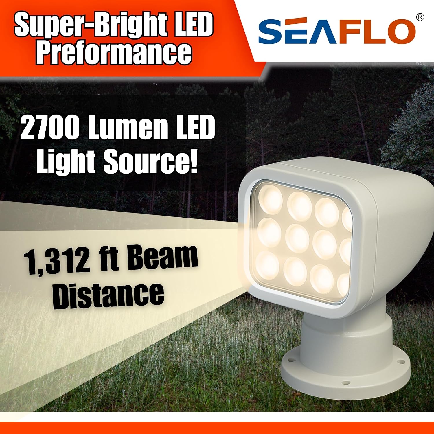 SEAFLO 360° Rotating Remote Control LED Searchlight, 10-30V, Auto-Reset, IP66 Waterproof, Marine Spotlight for Boats, Truck, Vehicles, CE & Rohs Certified (Wireless Remote/White//Warm Light 2700K)
