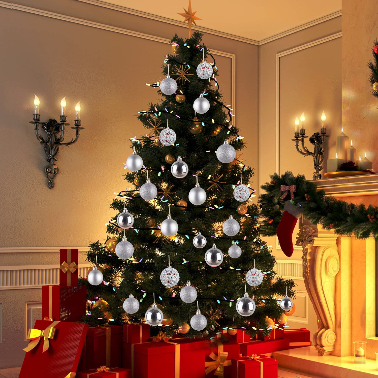 NJN Lot de 100 boules de Noël incassables avec emballage cadeau pour sapin de Noël (argenté)