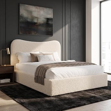 Blisswood Ottoman Bed Frame, Upholstered Large Storage Bed with Curved Headboard, Gas Lift-Up Ottoman Bed for Bedroom or Guest Room Beige Double Bed Curved, Ottoman Bed