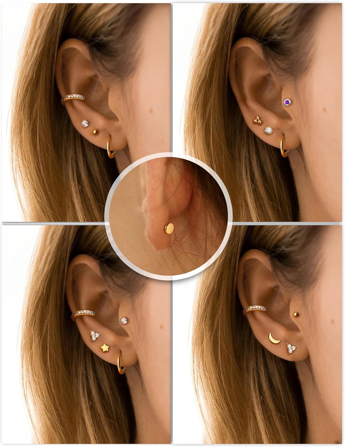 12 Pairs Threadless Flat Back Earrings Studs 20G 18G 16G Hypoallergenic Surgical Steel Push in Nose Studs Rings 14K Gold Plated Cartilage Earring Sets Helix Tragus Conch Piercing Jewelry for Women - Image 3