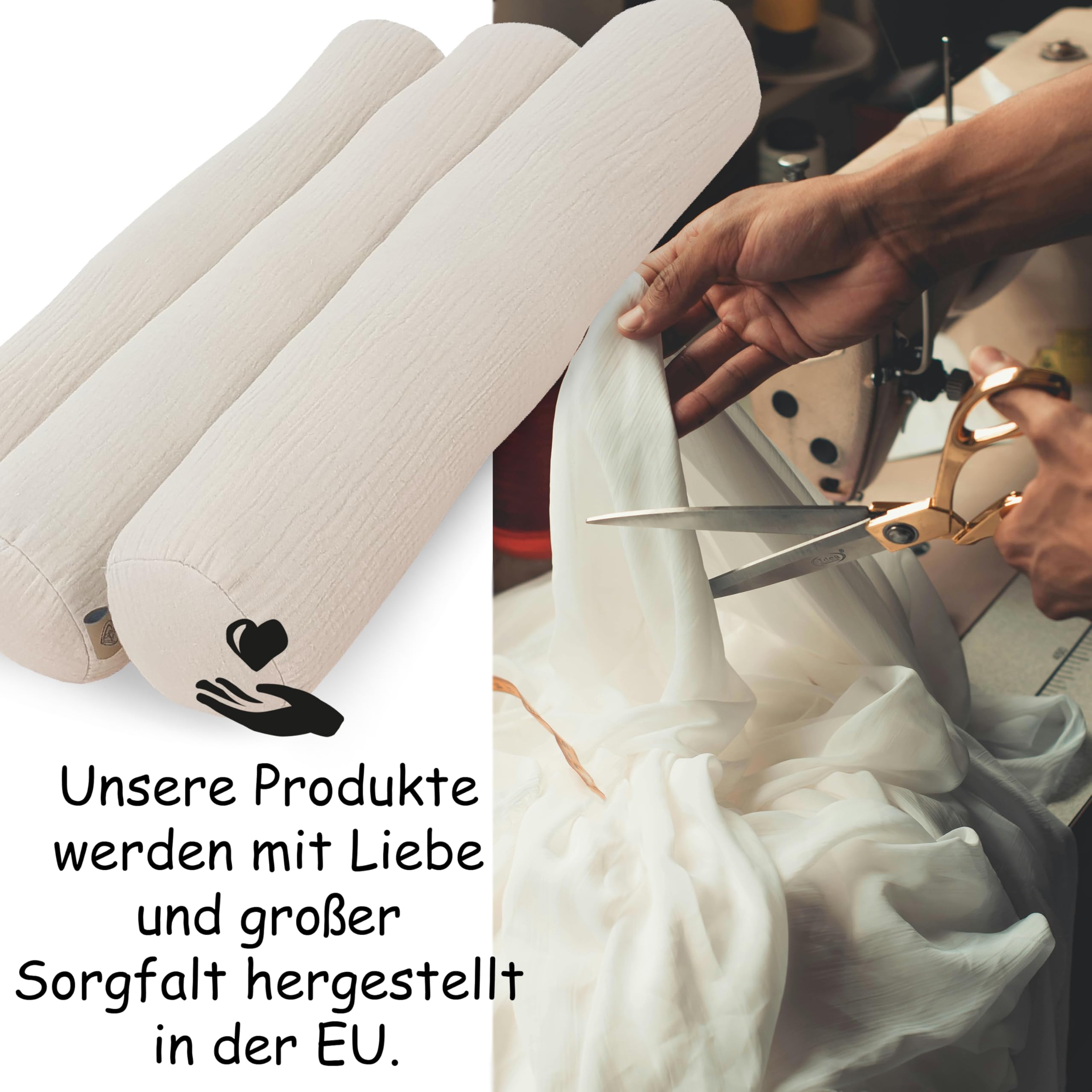 PinkZebra 3er Set Bett Kissenrollen 10 x 60 cm aus Musselin GOTS-Zertifizierung, Rollenkissen aus Baumwolle, Nackenrolle ÖkoTex, Bettrolle, Kissen Rund, Knierolle, Beige