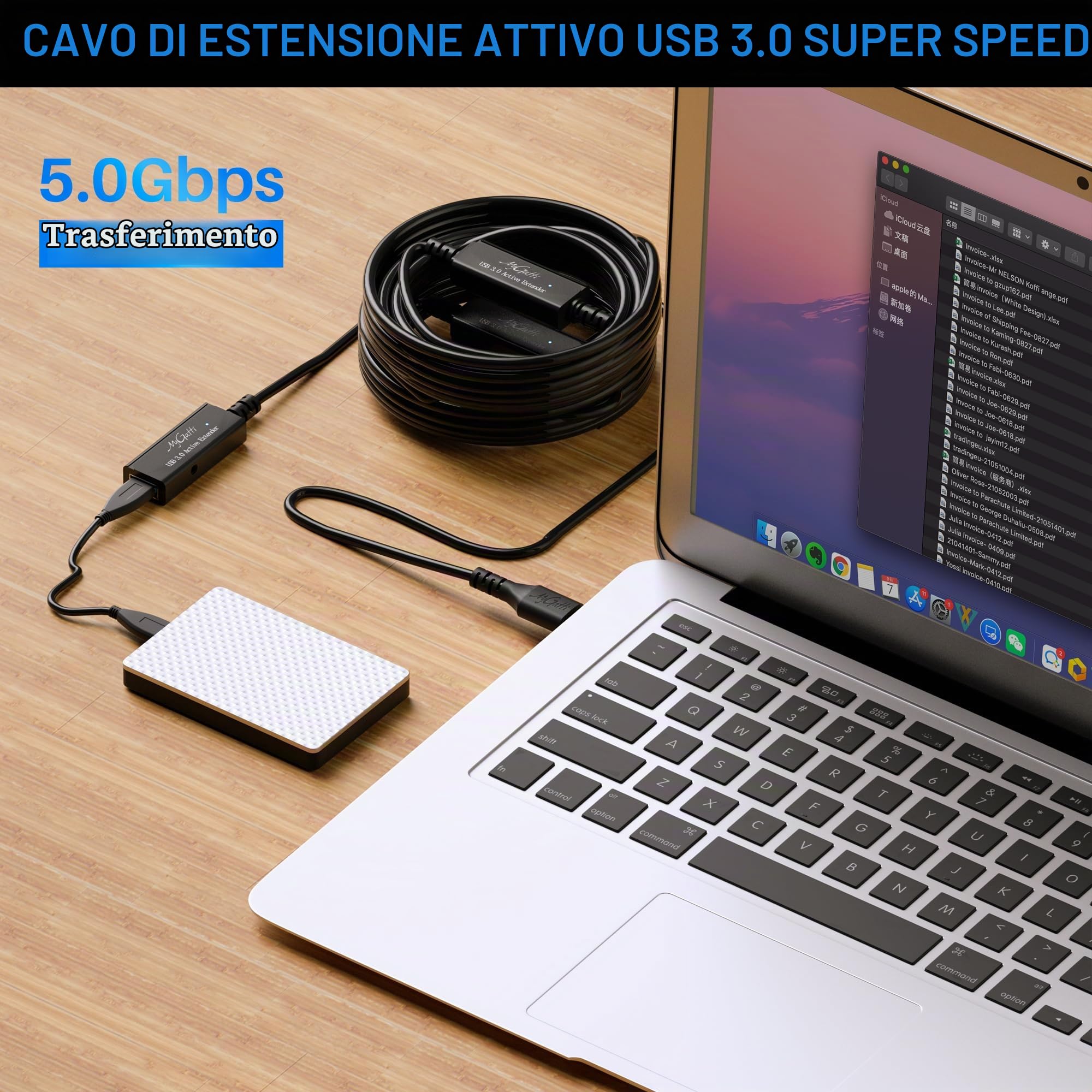 20M USB 3.0 Cavo di prolunga del ripetitore attivo,22 AWG 5 Gbps prolunga USB A maschio-femmina,3 chip di amplificatore di segnale,con Adattatore di potenza DC,per stampante,Xbox,VR,ecc.