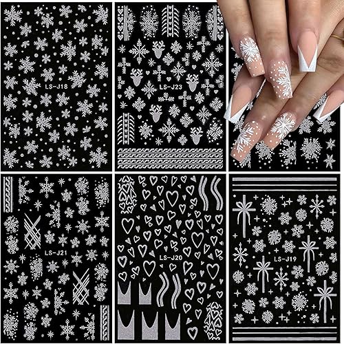 6 hojas de calcomanías de arte de uñas de copo de nieve plateado con purpurina en 3D calcomanías autoadhesivas de Navidad para invierno diseño de