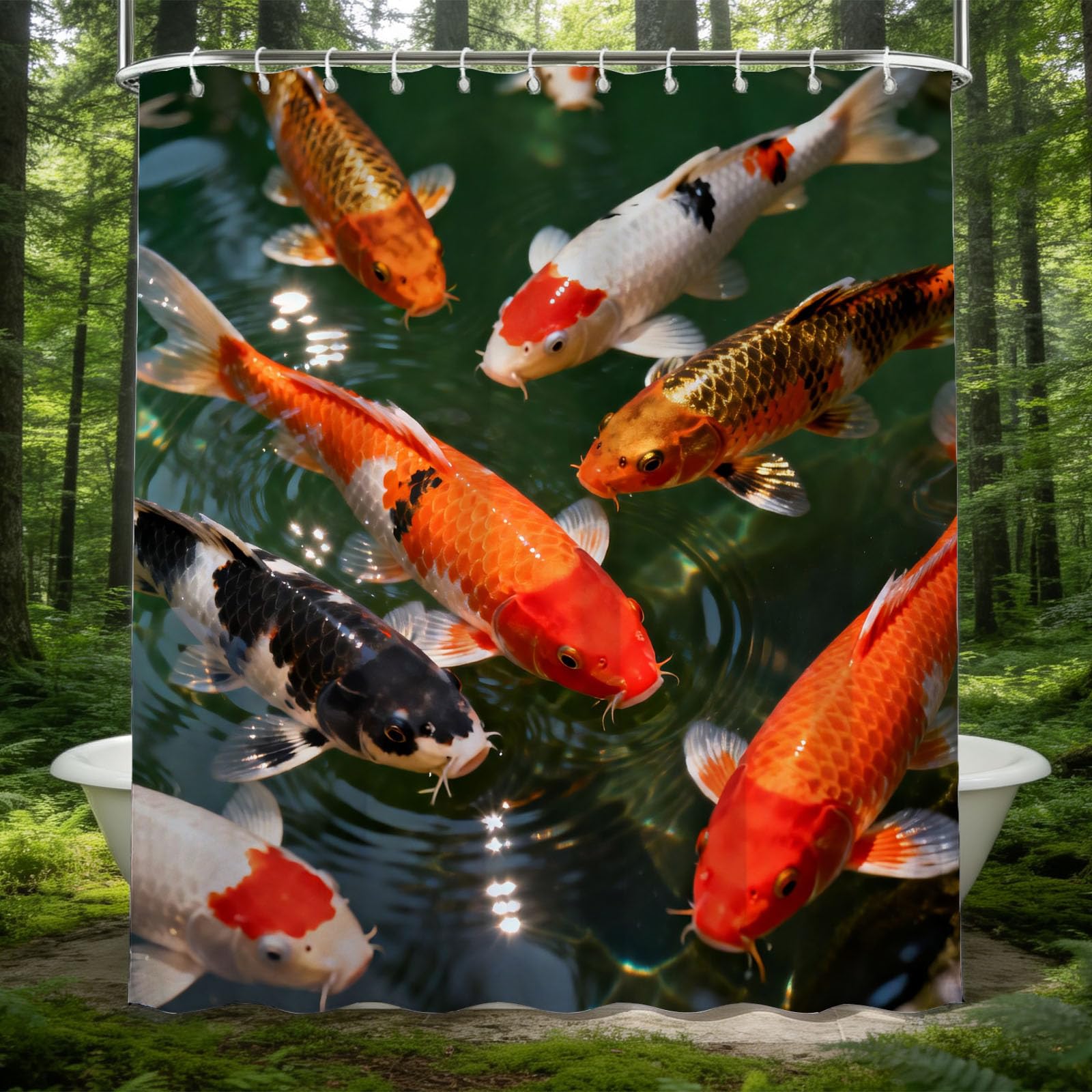 Hongduo 3D Koi Carp Shower Curtain for Stalls Bathtubs Fish School Bathroom Decor Shower Curtain Set Polyester Fabric Waterproof 180x180cm/71X71 Inch with Hooks