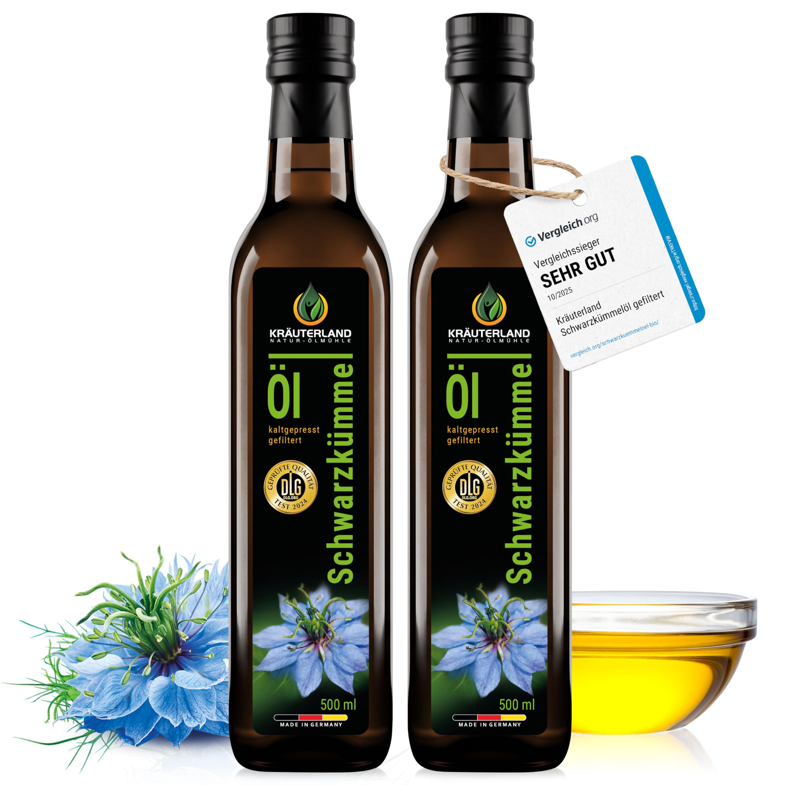 Kräuterland Schwarzkümmelöl 2X500ml (1Liter), gefiltert, naturrein ohne Zusatzstoffe, hoher Thymochinon, kaltgepresst, vegan, mild, glasflasche, mühlenfrisch direkt aus unsrer hessischen Ölmühle