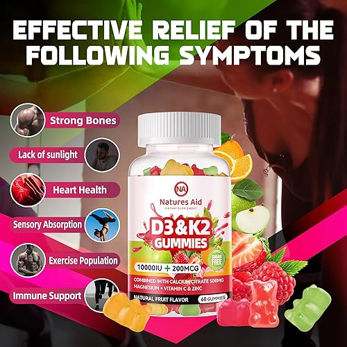 Miniatura 3 de Natures Aid Gomitas de Vitamina D3 K2 sin Azúcar con Calcio + K2 (MK-7), Citrato de Magnesio, Vitamina C, Fuerza Extra - Absorción Máxima para