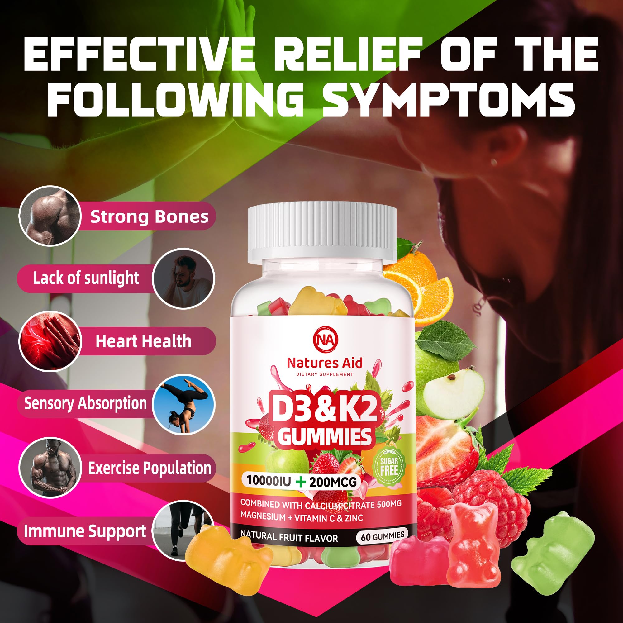 Natures aid Sugar-Free Vitamin D3 K2 Gummies with Calcium + K2 (MK-7), Magnesium Citrate, Vitamin C, Extra Strength - Ultimate Absorption for Bone Muscle Teeth Immune, Vegan - 120 Gummies — Amazon image 3