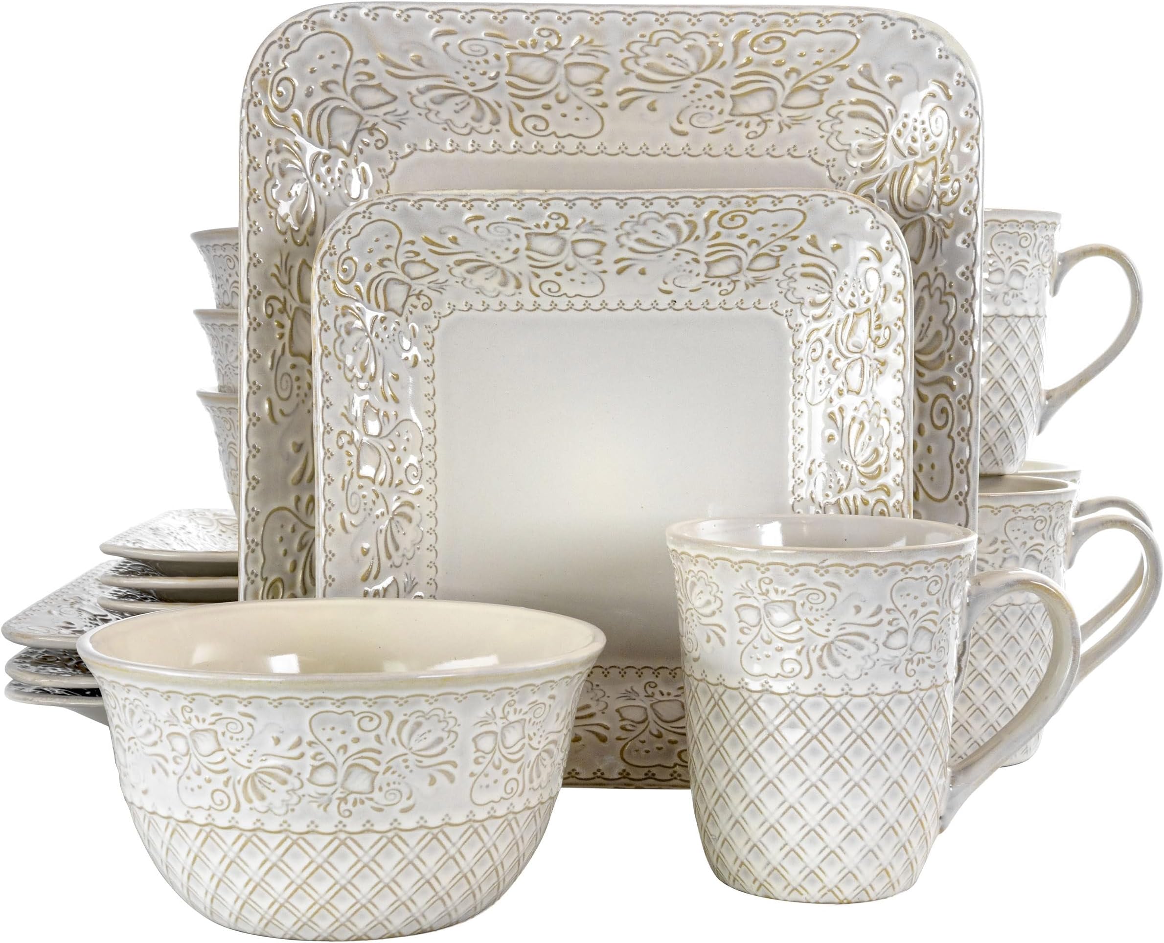 Ivory Lotus 16 Piece Square Dinnerware Set