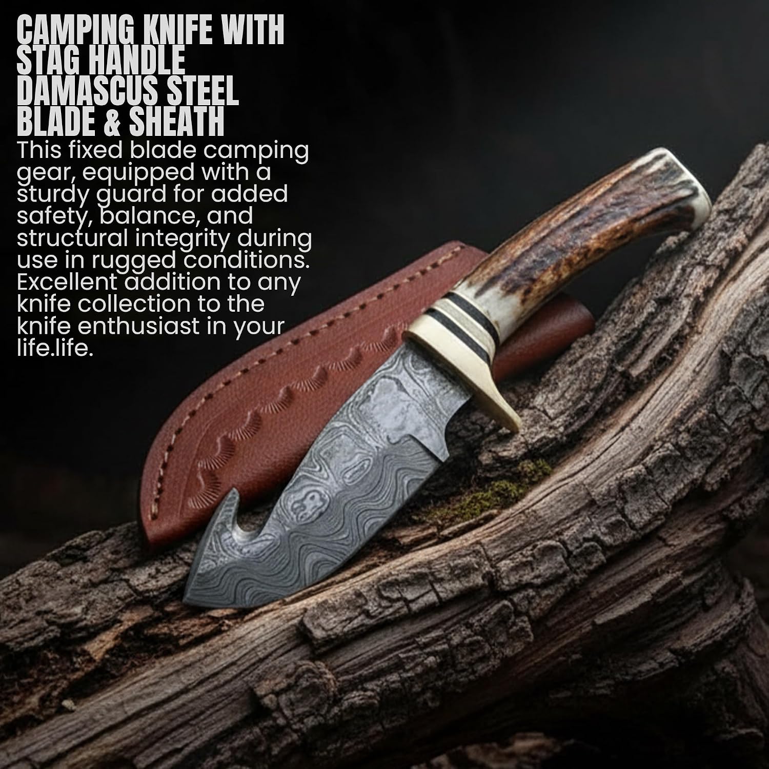 SANZ Damascus Guthook Hunting Knife 9 Inch - Camping Knife with Stag Handle, Full Tang Blade & Sheath - Pocket Knife for Hunting, Camping & Outdoor uses - Knives for Men