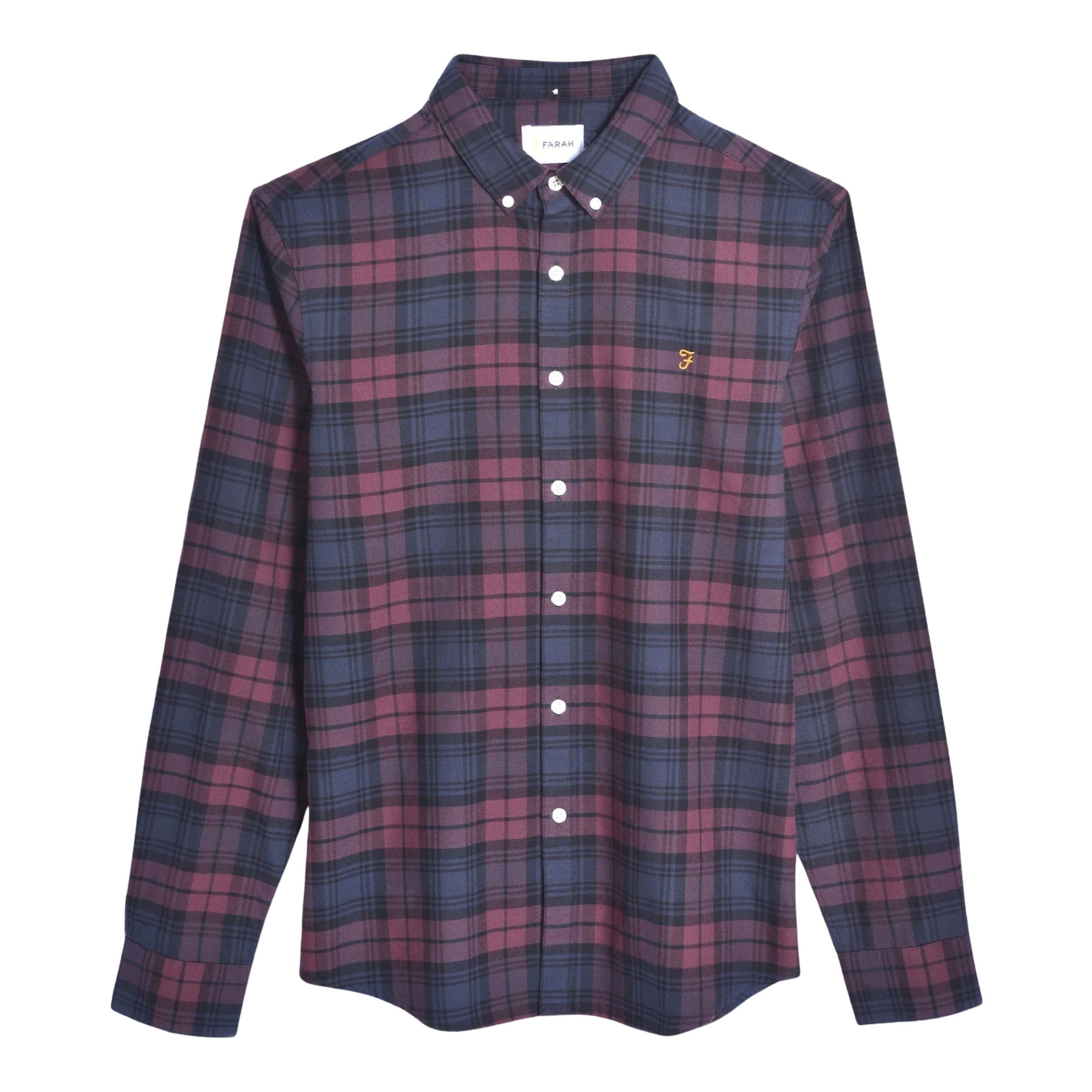 Farah - Men's Shirt, Brewer Check Slim Fit Shirt, Organic Cotton, Indigo Oxford Shirt, Casual-Style Shirt, Red, 3XL