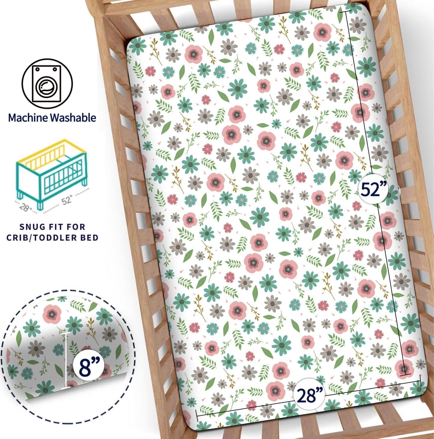 4 Pack Small Floral Pattern Baby Crib Sheets for Boys and Girls, Soft Breathable Microfiber Crib Sheet, 28 X 52 in Fitted Crib Sheets for Toddler Bed Mattress & Standard Baby Crib