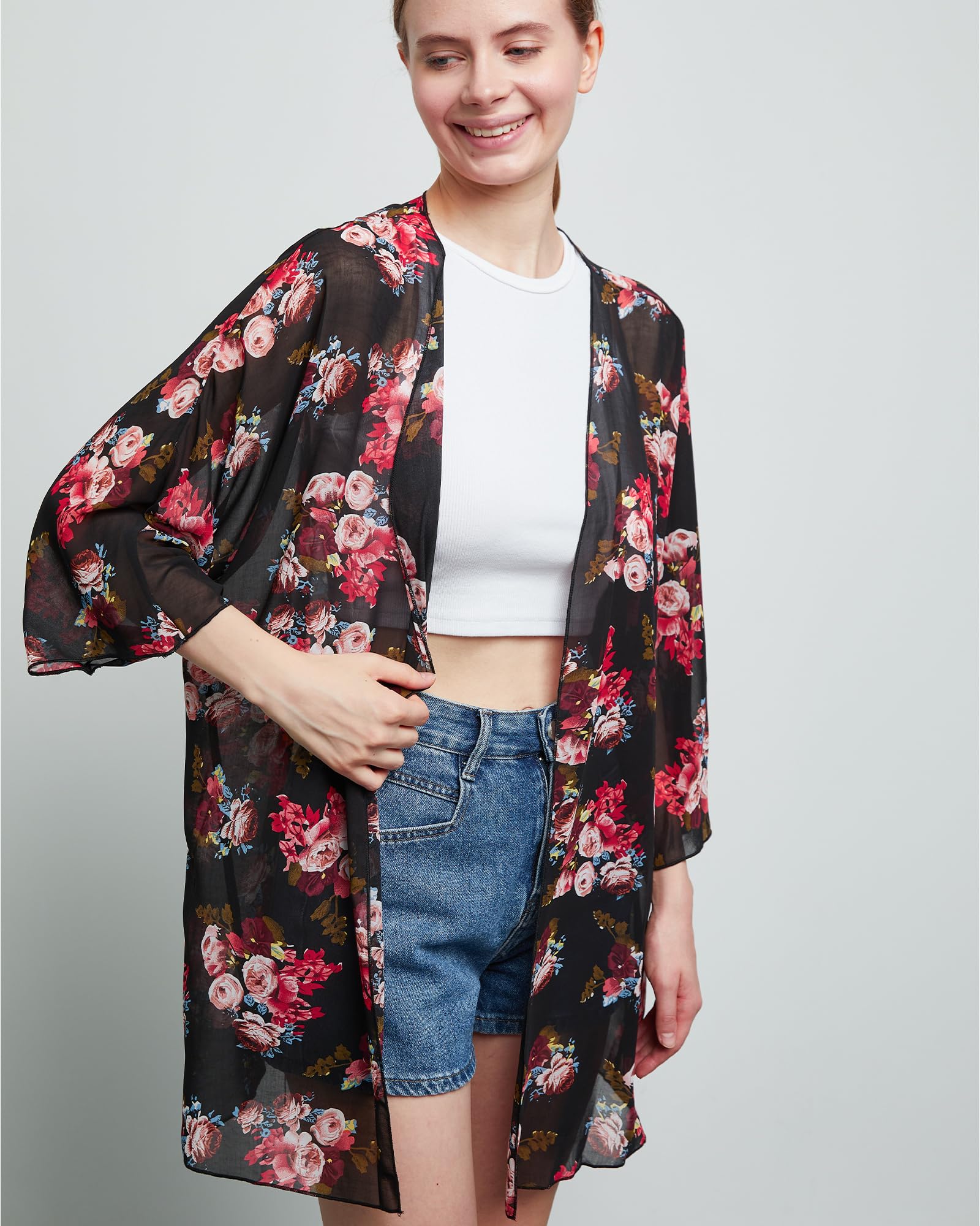 Argstar Cárdigan tipo kimono para mujer, estilo casual, para verano, parte delantera abierta, estampado floral, ropa de playa