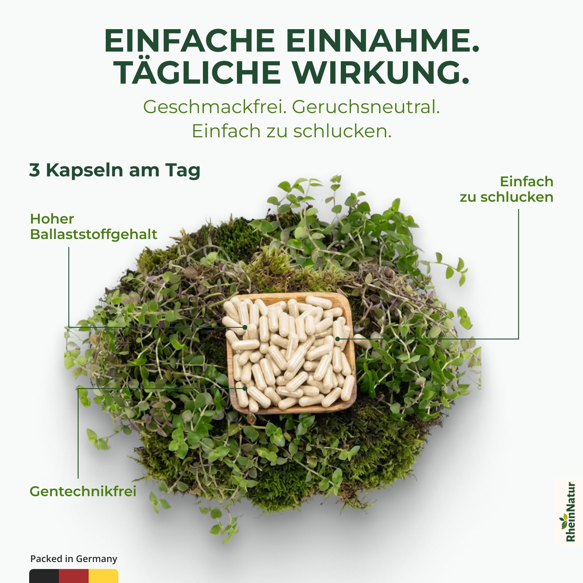 RheinNatur Bio Flohsamenschalen Kapseln - 450 Stk hochdosiert (3.000 mg je Portion) - Hergestellt in DE - Psyllium Husk Ballaststoffe – Flohsamen Kapseln