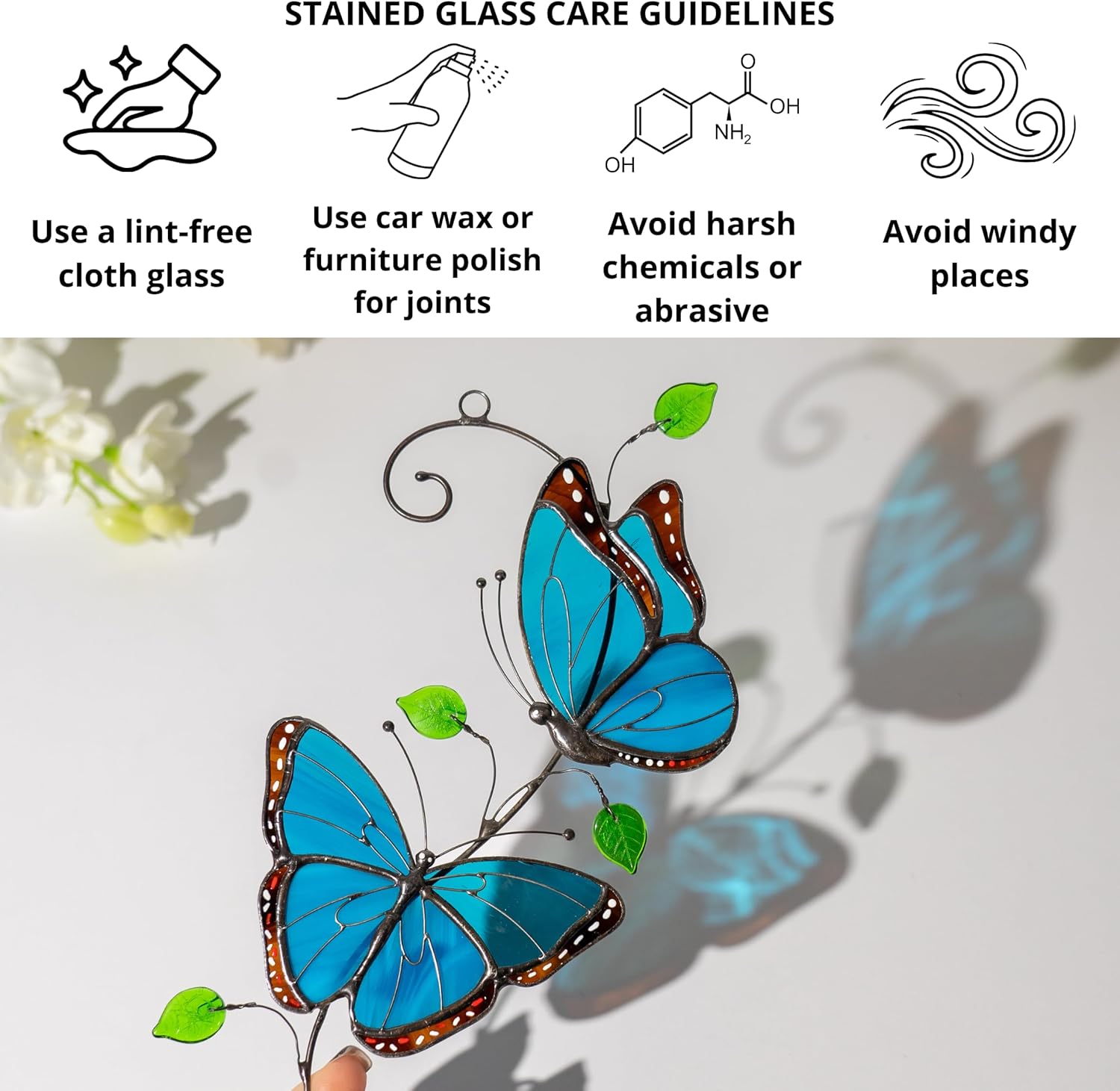 Glass Art Stories Handmade Morpho Butterfly Pair – Stained Glass Suncatcher with Blue Butterflies for Home Décor, Ideal Gift for Nature Lovers