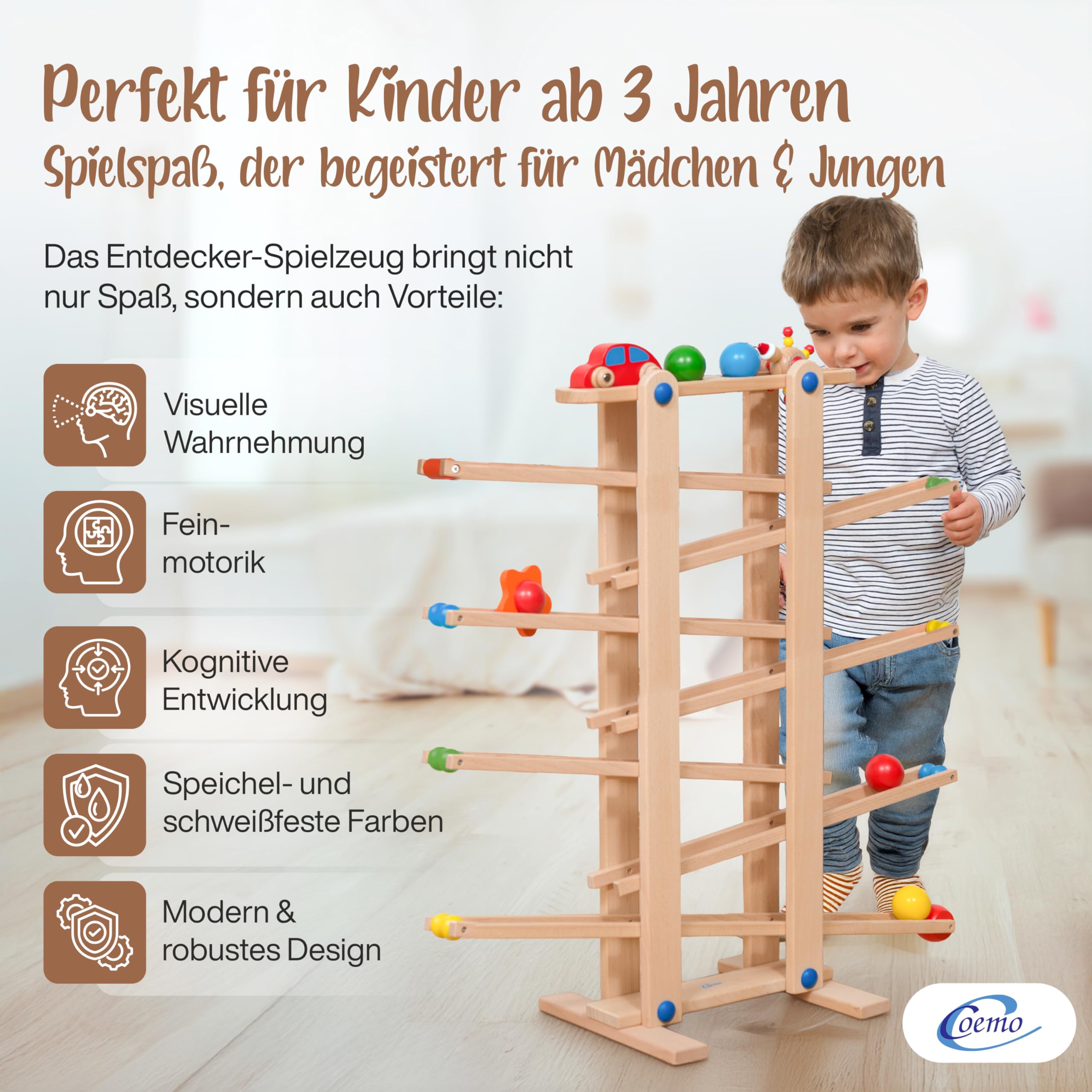 Coemo Stabile Kugelbahn XL aus Holz, Natur, 7 niedliche Mobile wie Auto | Blume, Kasper, große Murmelbahn für Kinder, Rennbahn für Baby und Kleinkind, Motorikspielzeug, Hochwertiges Buchenholz