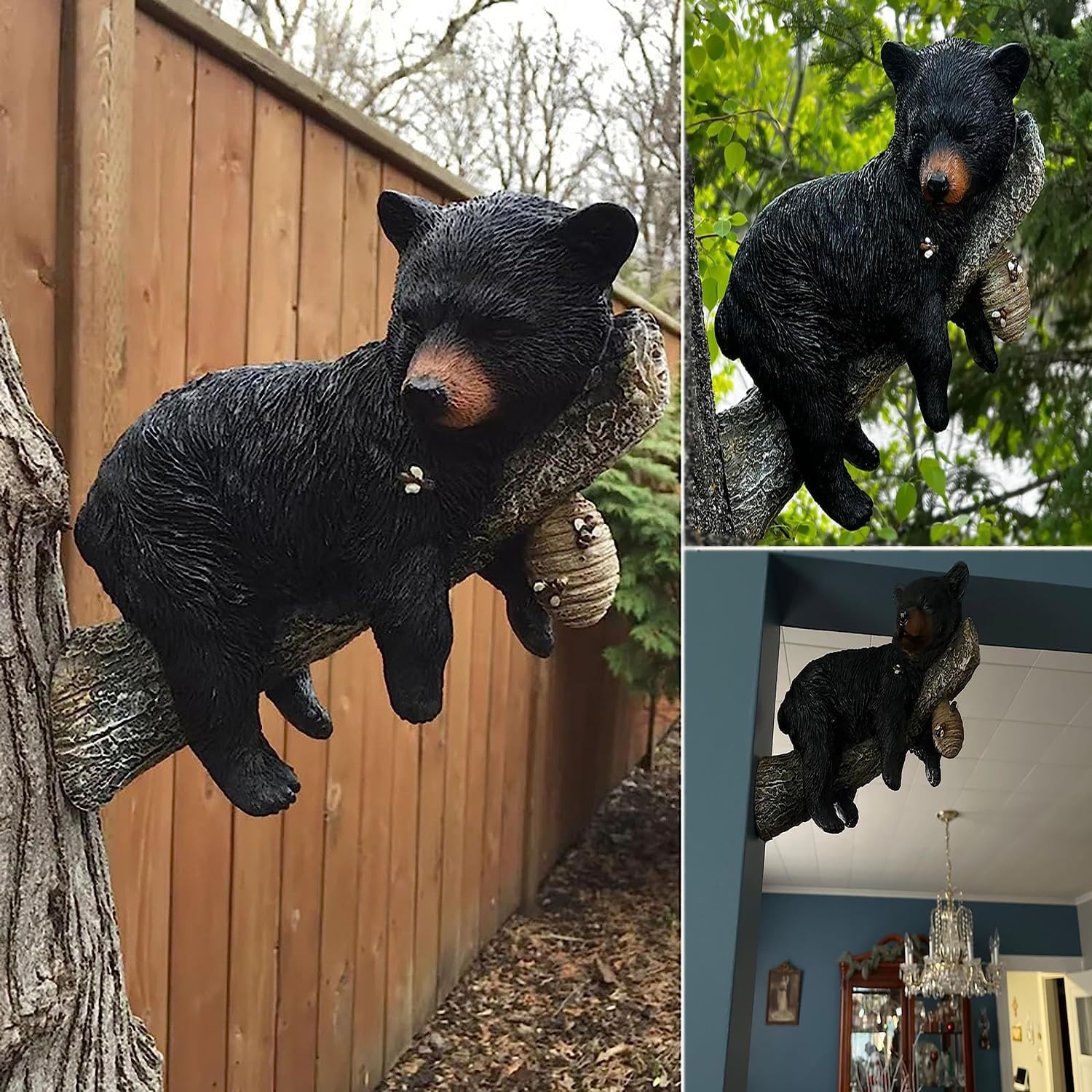 Fibroxify Cute Black Bear Cub Garden Statue - Hanging Tree Branch Decor with Honeycomb & Bee Accents for Outdoor Yard, Fence or Indoor Wall Decoration