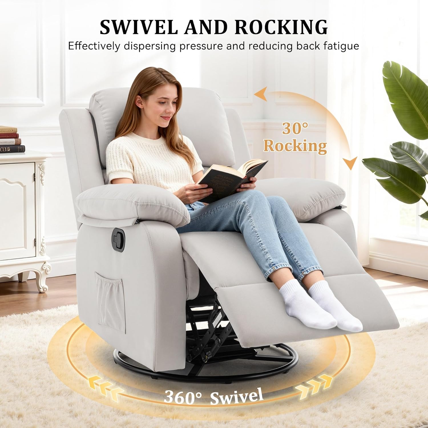 Korser Recliner Chair, 360 Swivel Rocker Chair for Adults, Small Rocking Recliner for Small Spaces, Upholstered Fabric Glider Recliner Nursery (Swivel Rocker Recliner, Off White)
