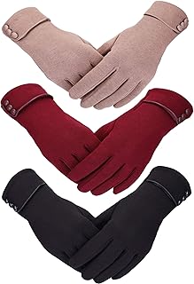 Patelai 3 Pairs Women Winter Gloves Warm Touchscreen Gloves Windproof Gloves for Women Girls Winter Using (Black, Wine Red, Khaki)