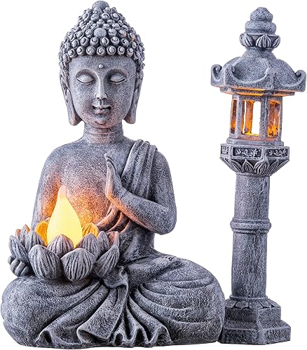 TERESA'S COLLECTIONS Estatua de Buda para decoración del hogar, estatuas de jardín zen con luz solar de loto para exteriores, estatua de pagoda