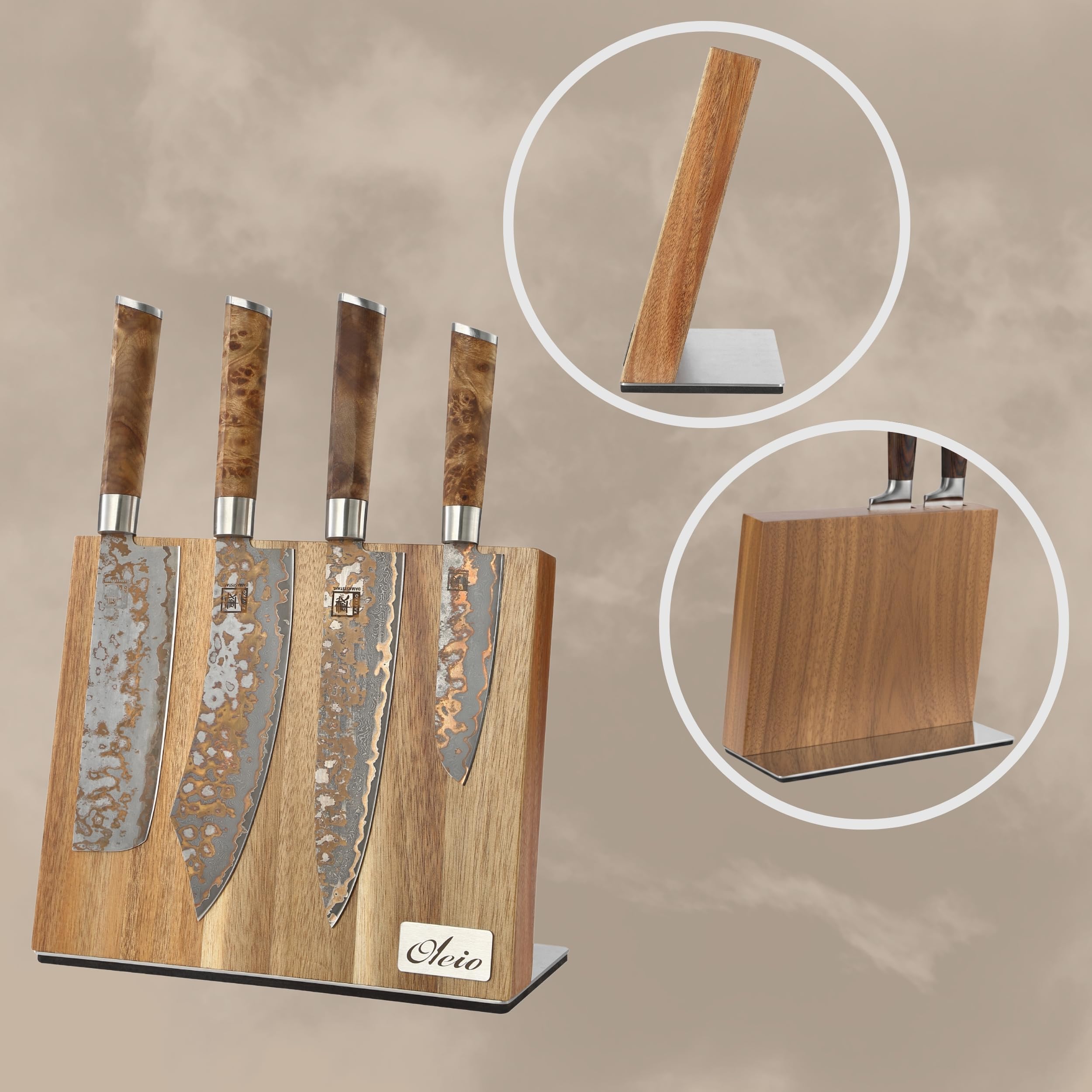 Oleio Bloc Porte-Couteaux Magnétique de Cuisine en Acacia Massif, 6 Lames
