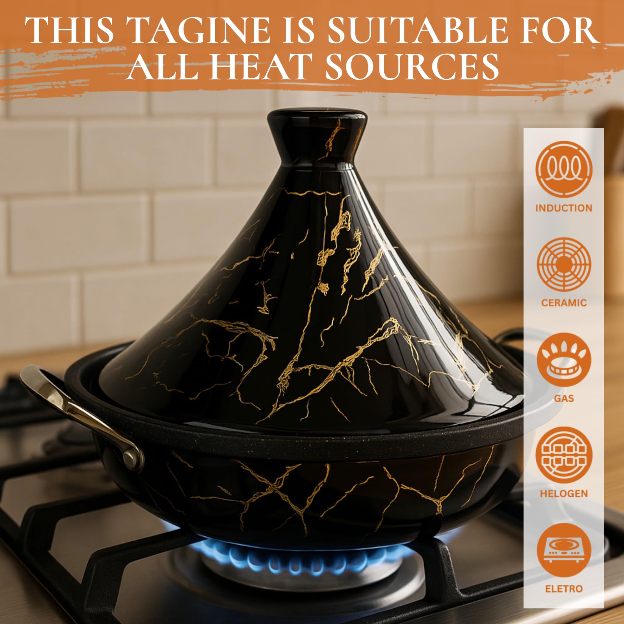 Tajine Royal Swiss - Acciaio inox antiaderente, coperchio in porcellana, per tutti i piani cottura, a induzione, a gas, elettrica, cucina sana (nero, 34 cm)