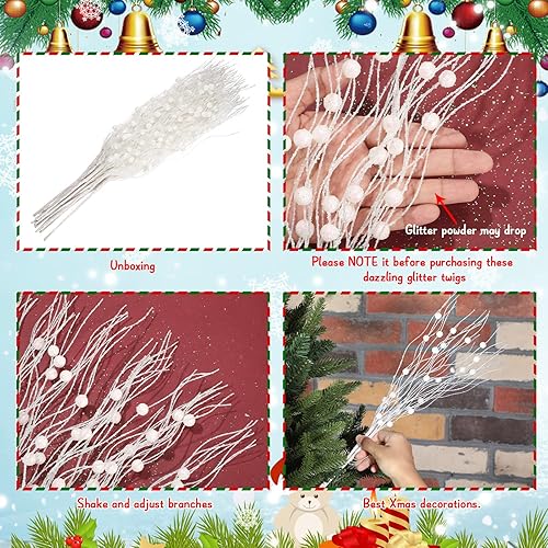 Miniatura 3 de Yunsailing 20 piezas de adornos artificiales de Navidad con purpurina de 17 pulgadas, ramas artificiales de bayas de Navidad, palillos y aerosoles