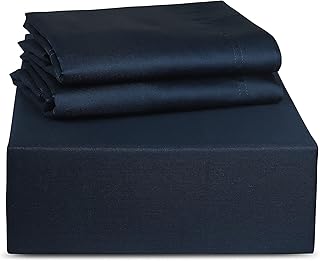 ترادينت القطن الخالص الغني بعدد خيوط 500 | ملاءة سرير فاخرة من 3 قطع | أزرق داكن | غني بالقطن الممتاز | ناعم حريري ، مسامي ، بارد ، جيب عميق ، مجموعة فندق | تناسب حتى 16 بوصة مرتبة