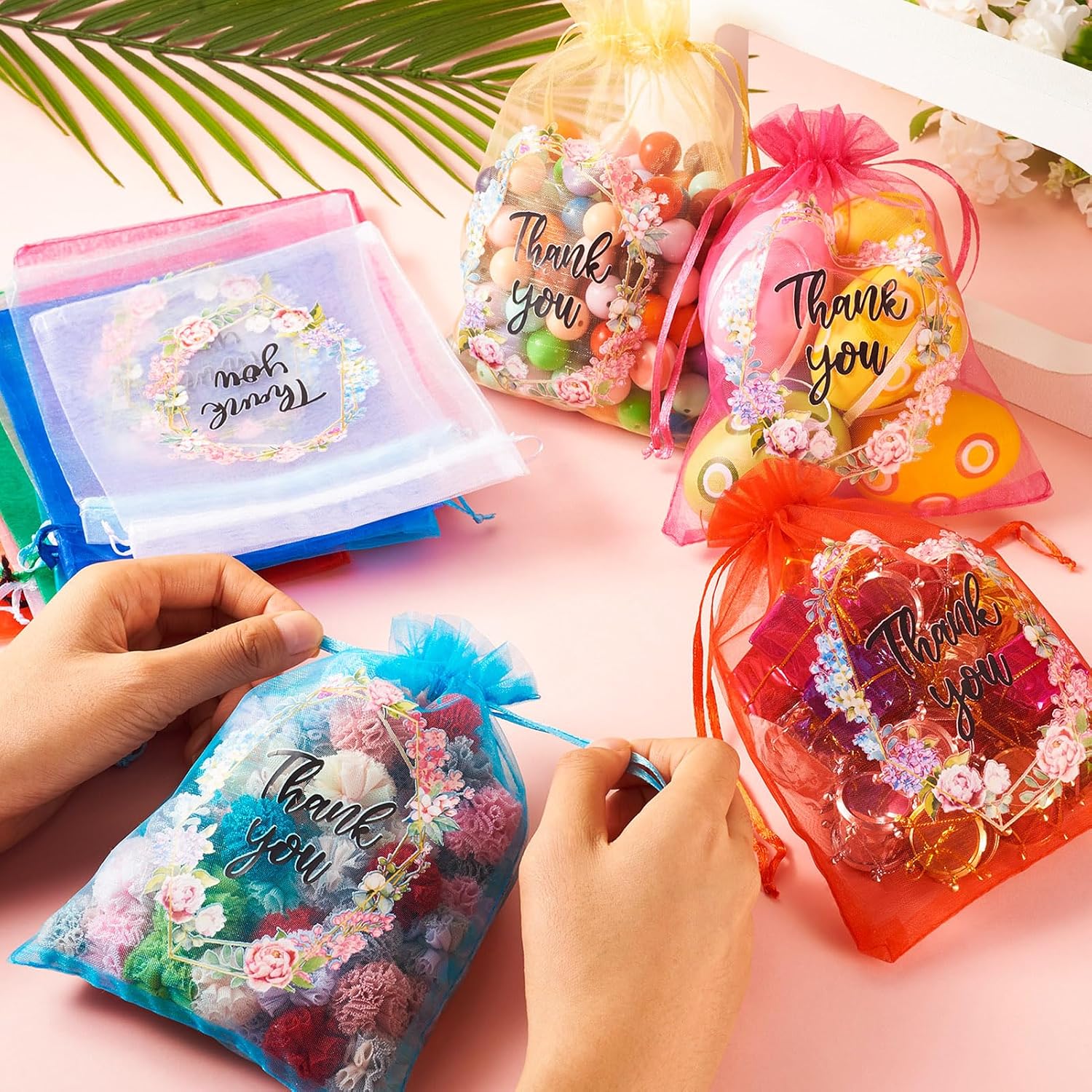KISSITTY 28pcs Thank you Organza Bags Wedding Party Favor Storage Bags 5x7 Inch Drawstring Jewelry Gift Wrapping Pouches for Christmas Thanksgiving Small Presents Bracelets Packaging image 2