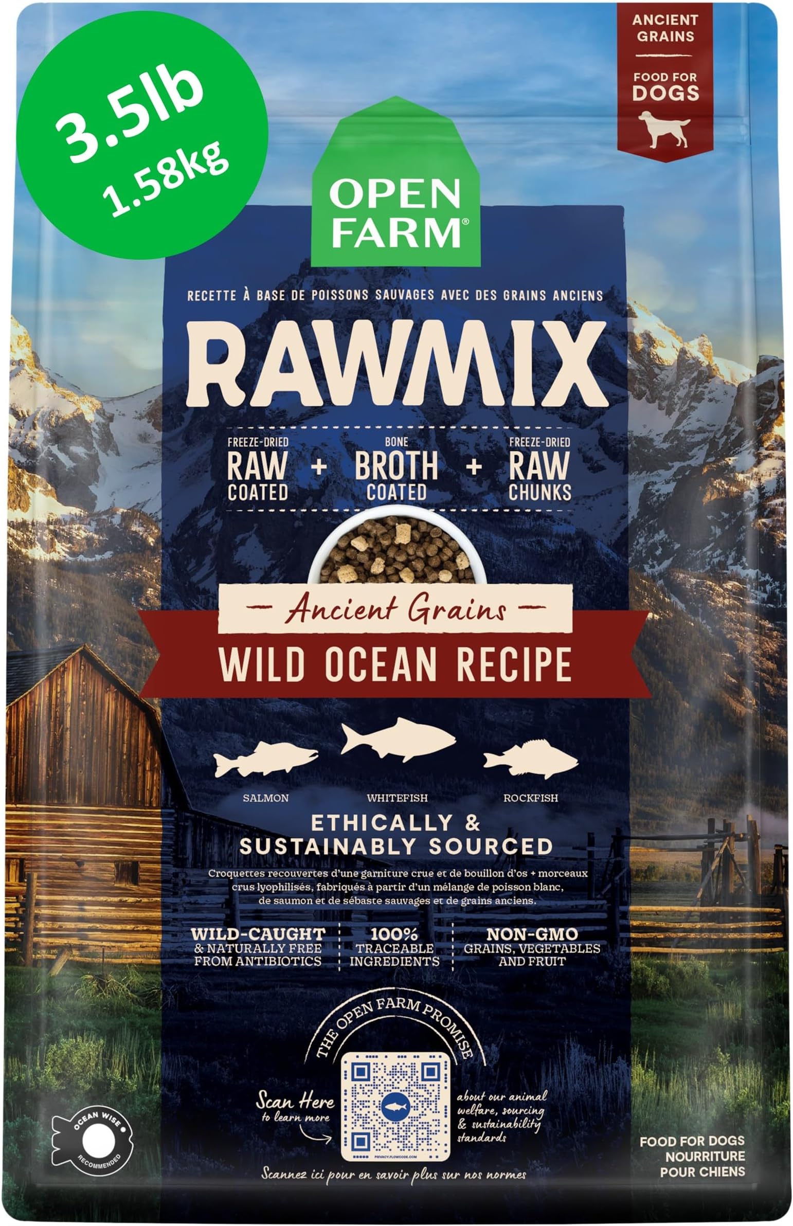 RawMix Dry Dog Food with Ancient Grains, Protein-Packed Kibble Coated in Bone Broth with Freeze Dried Raw Chunks, Salmon Whitefish & Rockfish,Wild Ocean Recipe, 3.5lb Bag