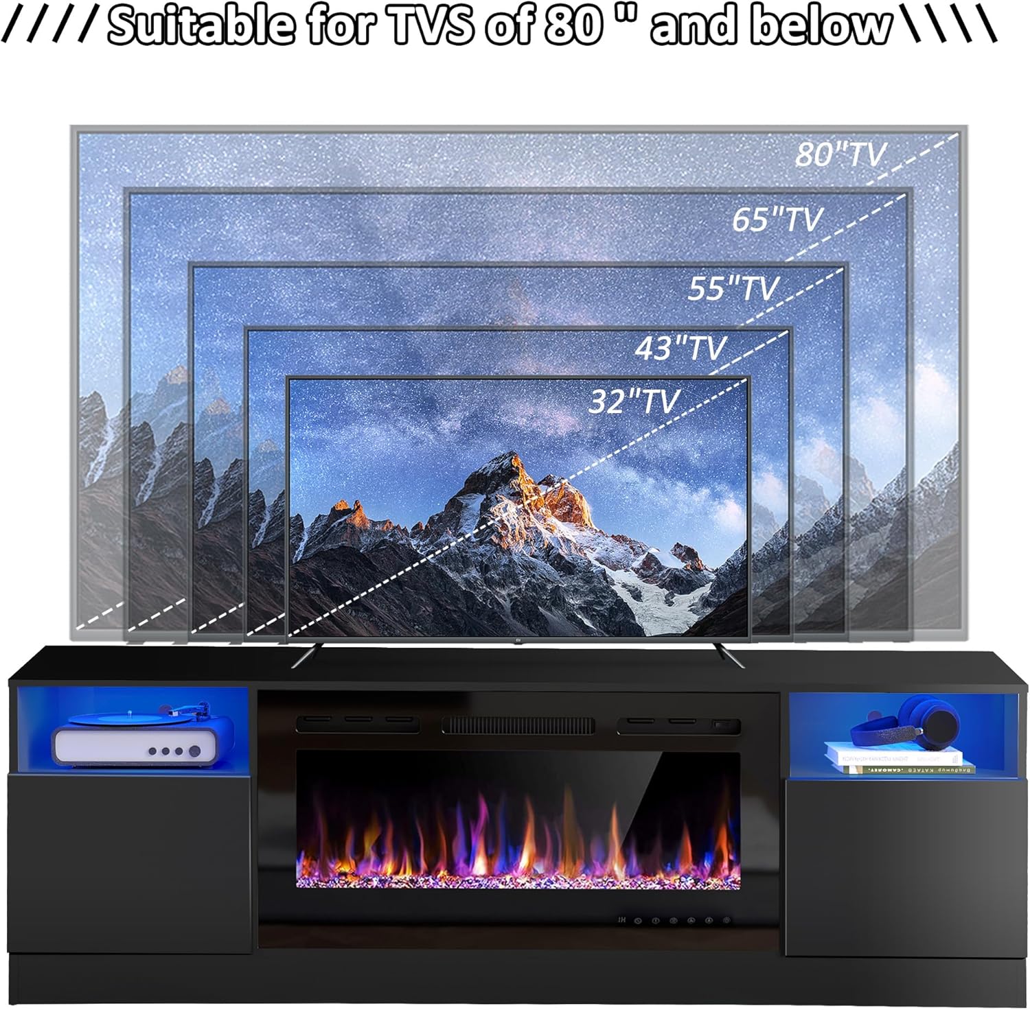 Black 70'' TV Stand with 36'' Electric Fireplace and LED Lights