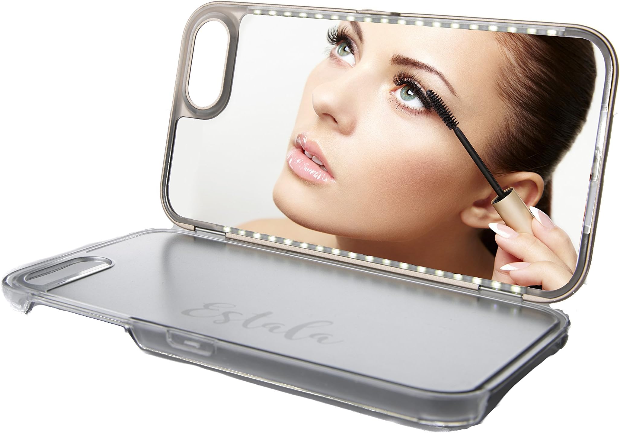 iPhone Case with LED Lights & Mirror for Perfect Makeup & Selfies by Estala. Fits 6, 6s,7&8 Phones (Rose Gold)