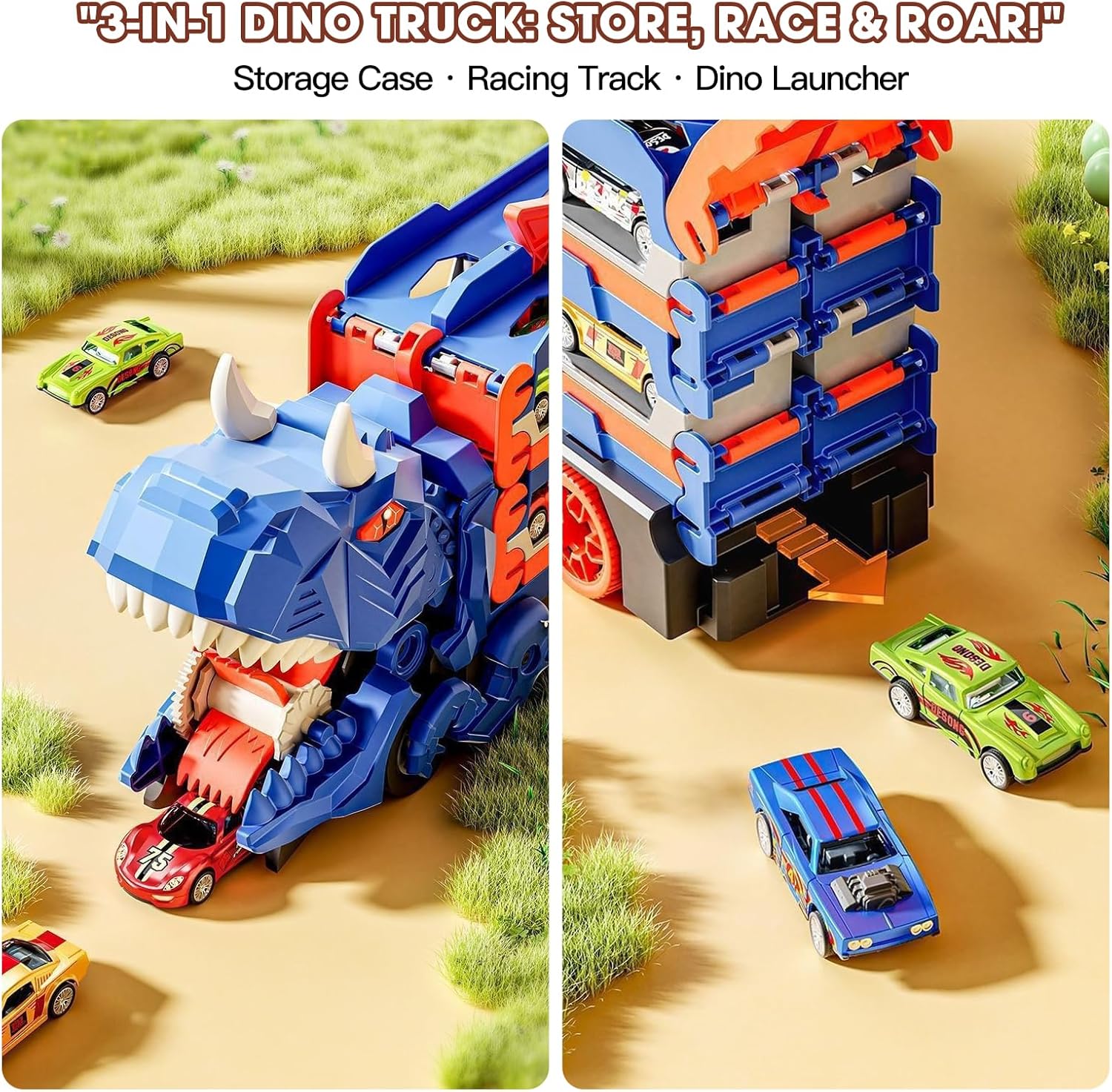 RoarRacer 3-in-1 Dinosaur Transport Truck, Folding Dual Race Track & 12 Die-Cast Cars - Lights & Sounds Toy for Kids Ages 3-6