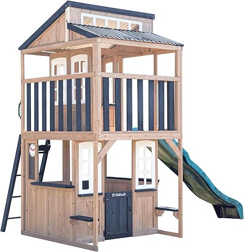 Miniatura 2 de KidKraft Cliffbrook - Casa de juegos de madera para exteriores de dos pisos con tobogán