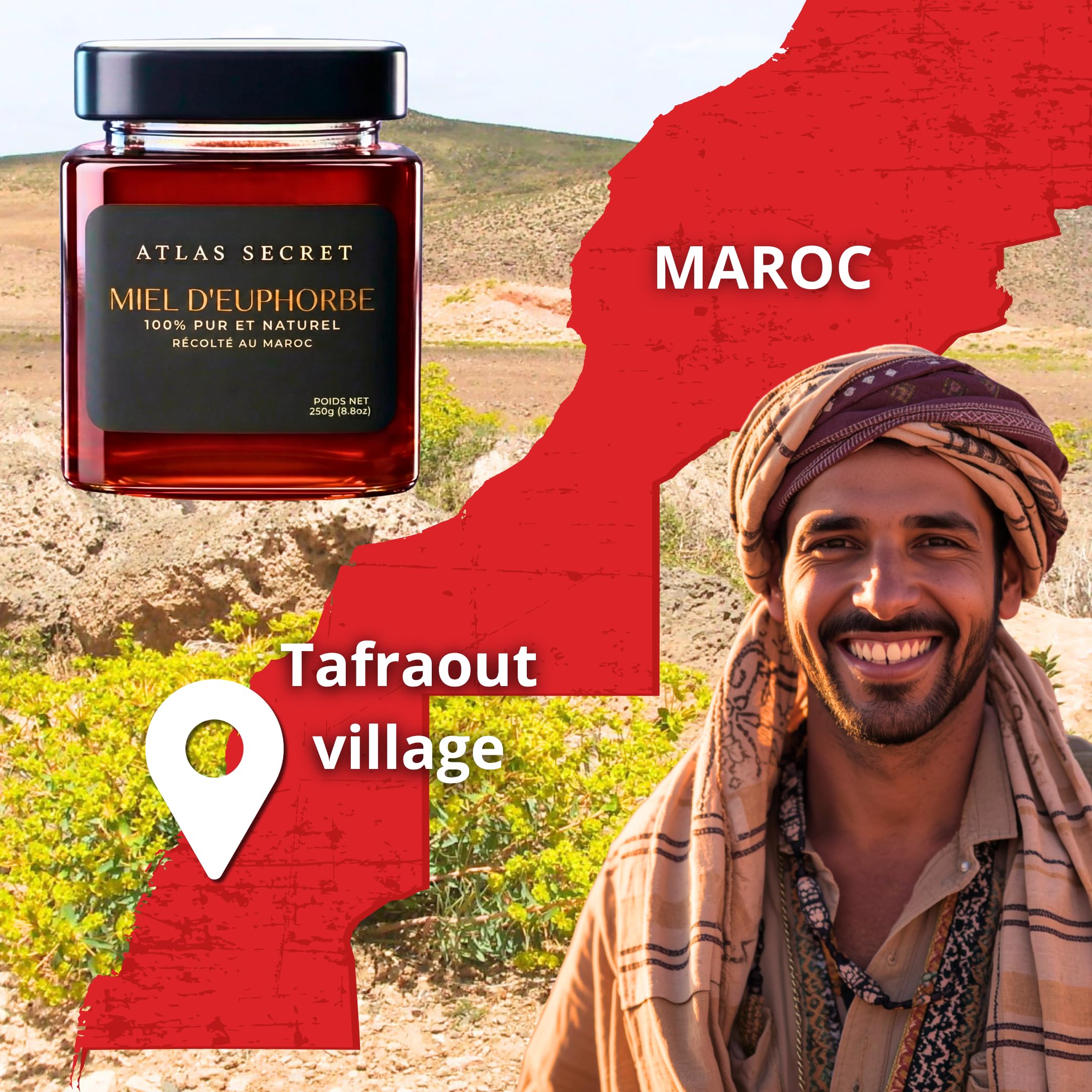 Miel de Daghmous (Euphorbe) 100% pur et naturel, récolté au Maroc, rare et authentique, fabrication traditionnelle, savoureux et intense, nombreuses vertus (maux de gorge, estomac, asthme, tension...)