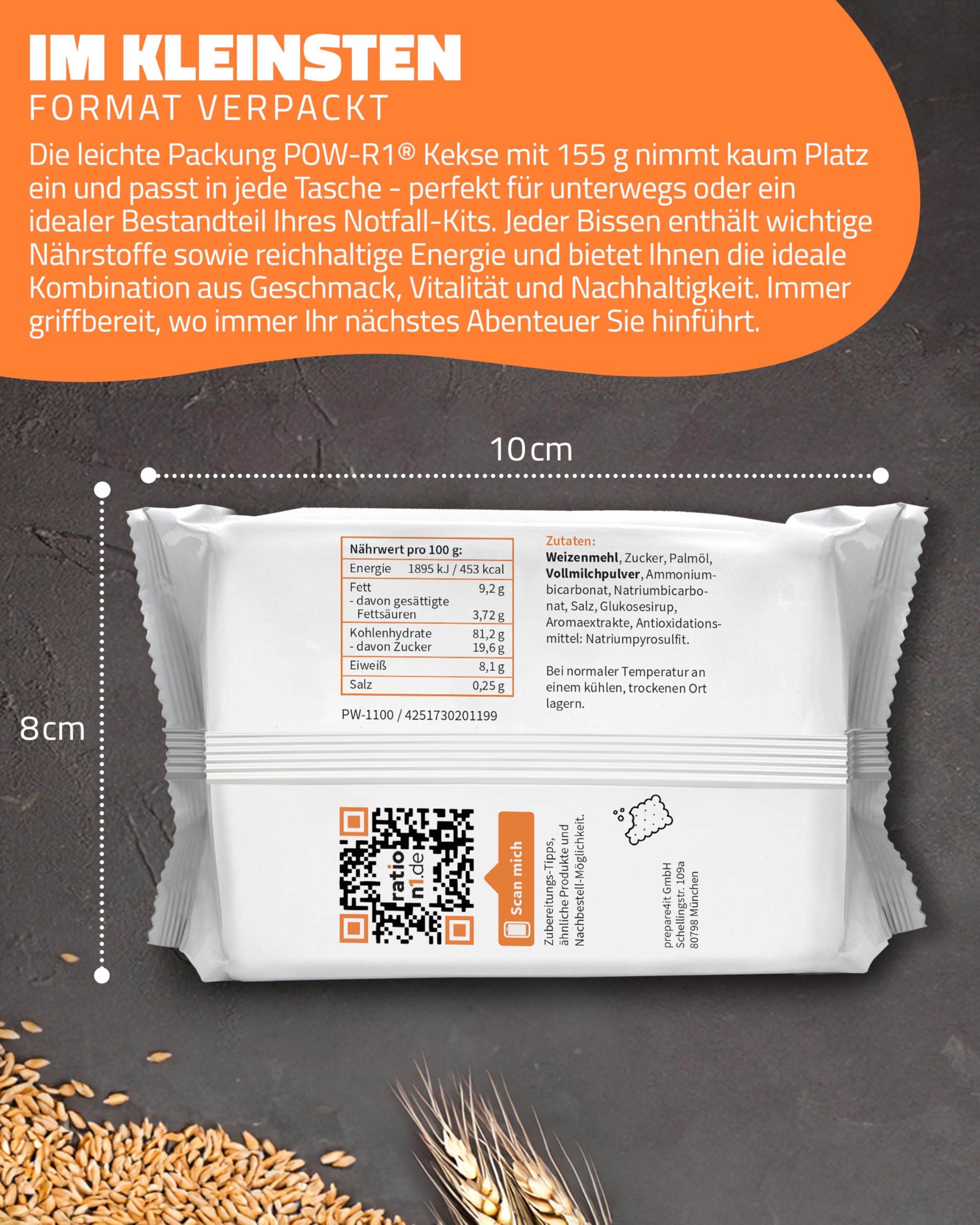ration1 POW-R1 Hartkekse, 60er Pack, 60 x 155g, Butterkeks Geschmack | Abgepackte Kekse, 14 Plätzchen je Packung, Panzerkekse, Butterkeks-Geschmack, für Outdoor, Camping, Festival und Notfall