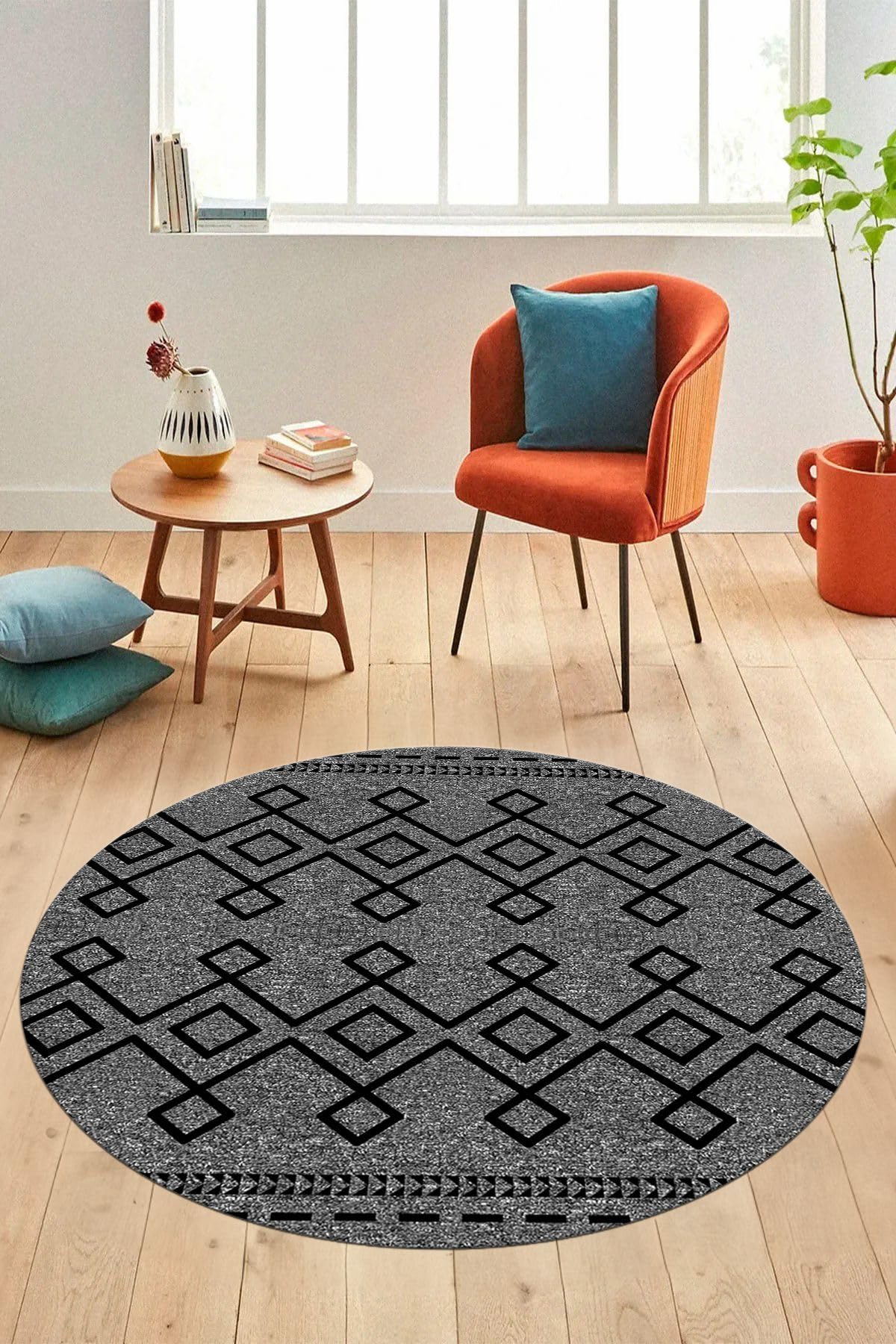 Evdeya Sade Desen Özel Tasarım Kaymaz Taban Yıkanabilir Yuvarlak Mutfak Salon Halısı Y-MODERN-87, Gri, 60 x 60