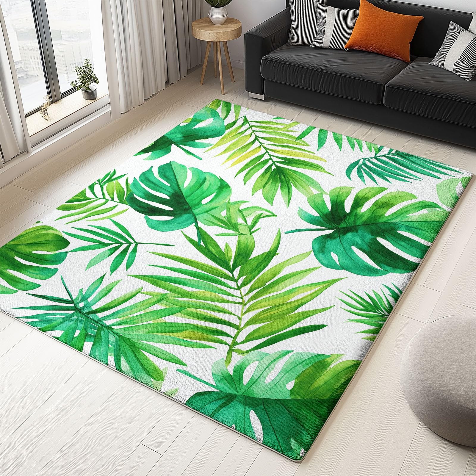 Tapis de Salon Vert Feuilles Tropicales pour Chambre Enfant et Adulte