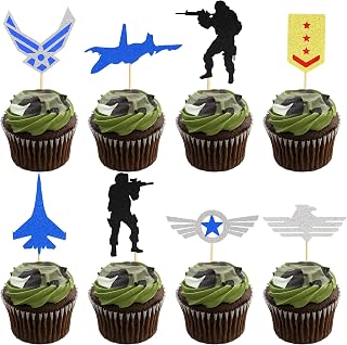 24Pcs Military Cupcake Toppers Air Force Army Navy Fighter Plane Soldier Airplane Medal Cupcake Picks for Military Emblem Theme Wedding Birthday Party Cake Decorations Supplies