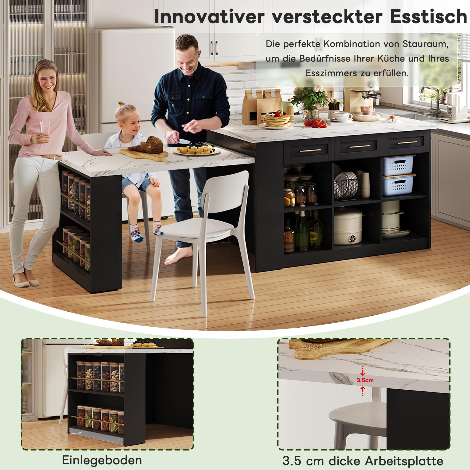 Kücheninsel mit Ausziehtisch 150+96cm, Freestanding Kitchen Island Kücheninseln mit Schwarz ausziehbarer Esstisch,Weiß marmorierte Holzarbeitsplatte/Tisch, mit Stauschränke für Familienküchen