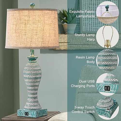 Miniatura 6 de Juego de 2 lámparas de mesa rústicas de 27 pulgadas para sala de estar, casa de campo, lámpara de noche táctil vintage con puertos USB para