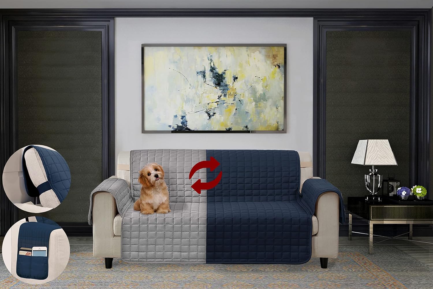 Elegant Comfort Quilted Furniture Protectors Solid and Printed Design Reversible Slipcovers Featuring Elastic Straps and Smart Pockets Great for Pets, Kids and More, Loveseat, Navy/Gray
