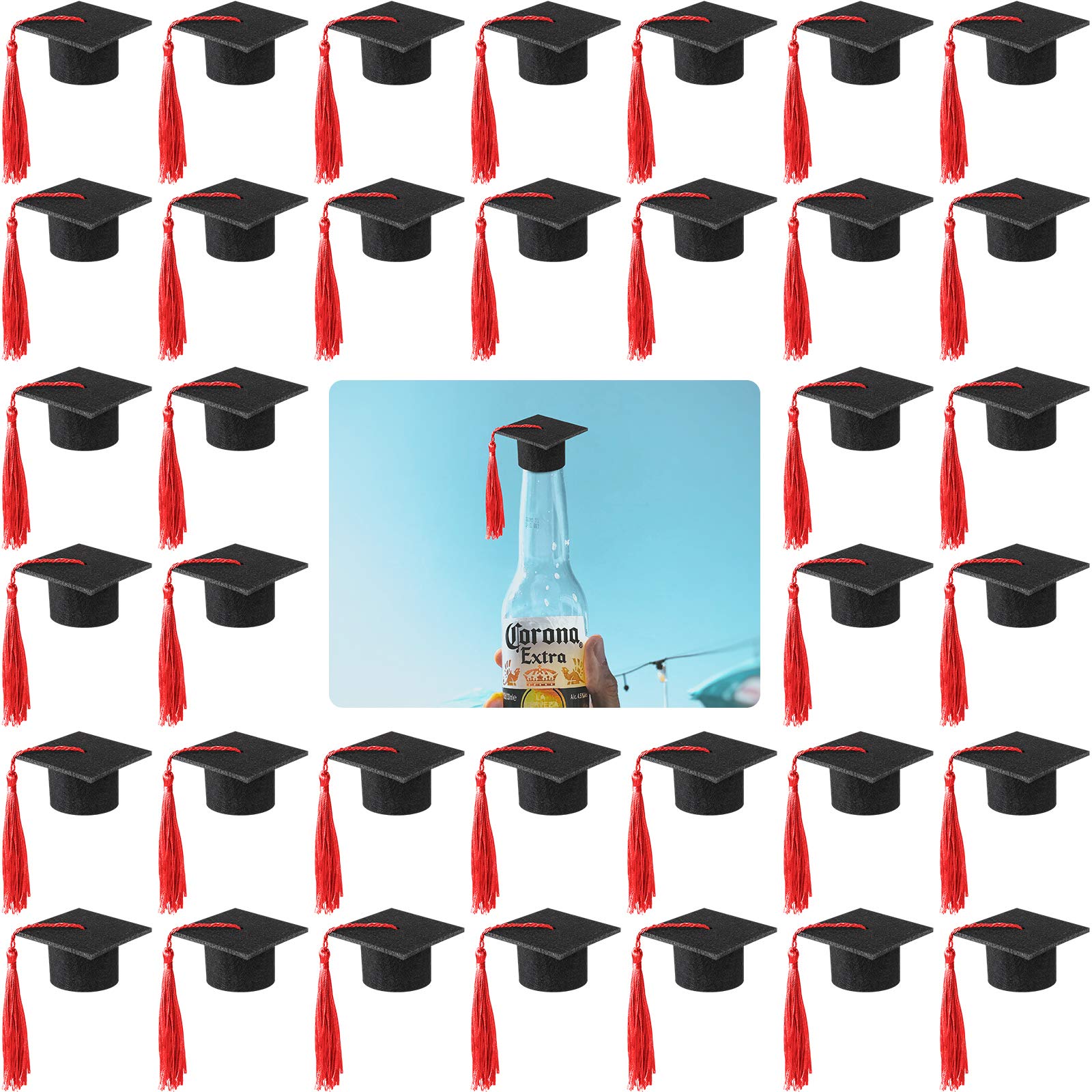 Photo 1 of 36 Pieces 2026 Mini Graduation Caps with Tassels Graduation Wine Bottle Toppers(Black Cap with Red Tassel)