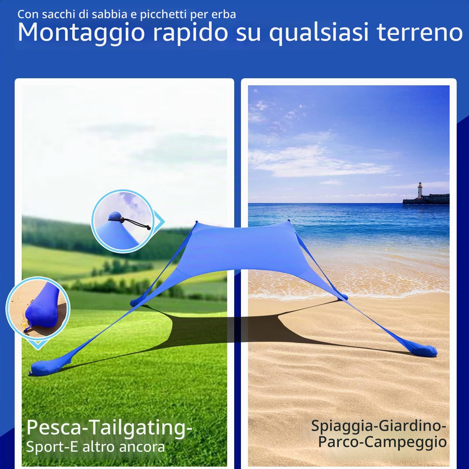 Tenda da spiaggia UPF50+, protezione UV, piccola tenda da sole per esterni, con 2 pali per campeggio, spiaggia, pesca, cortile e picnic